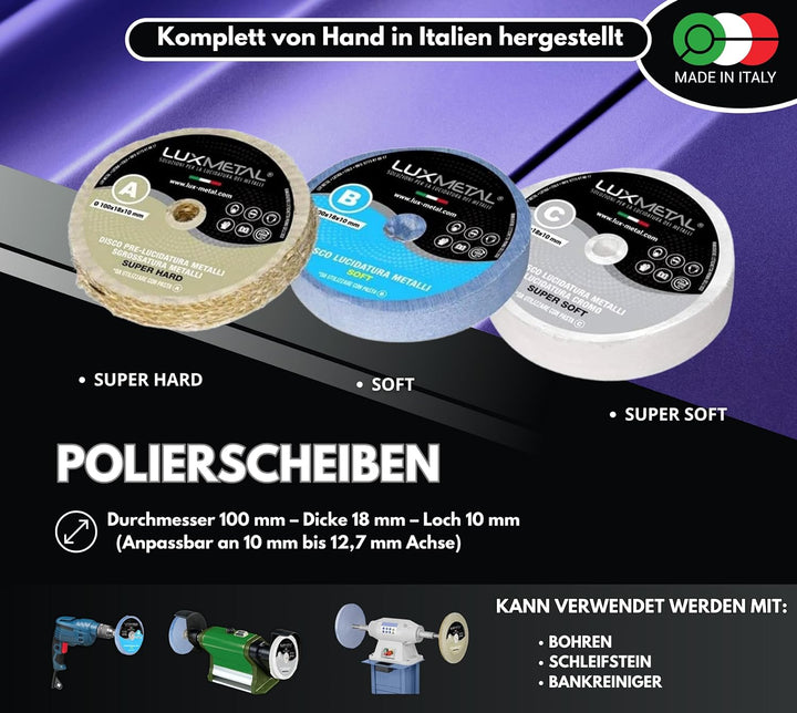 Lux Metal 3 polierpaste 250 g - 3 Polierscheibe 100 mm, Polierset set DIY kit Schleifpaste Metall, A