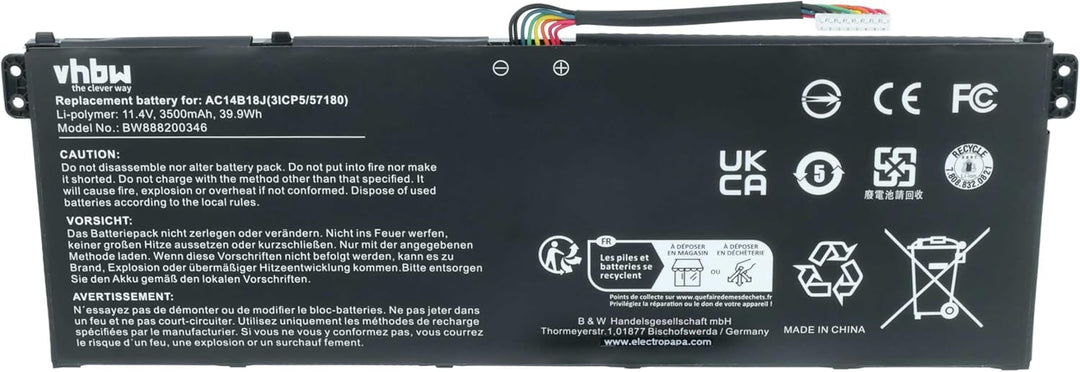 vhbw Akku kompatibel mit Acer Aspire ES1-523-26EF, ES1-523-2766, ES1-523-28GQ Notebook (3500mAh, 11,