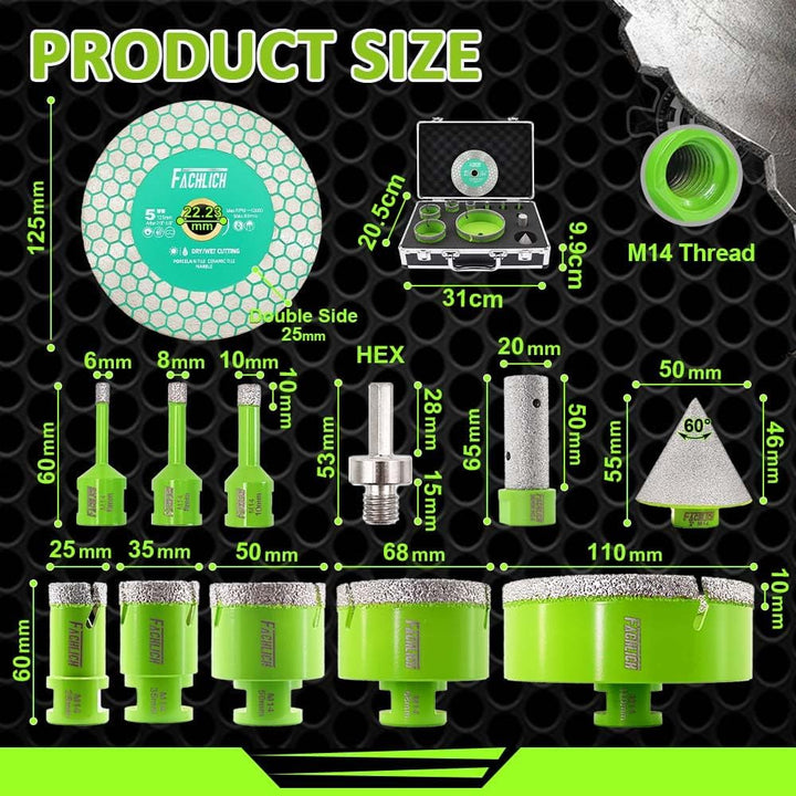 Fliesenbohrer 6mm M14 und FACHLICH Diamant Fliesenbohrer Set 6-110mm
