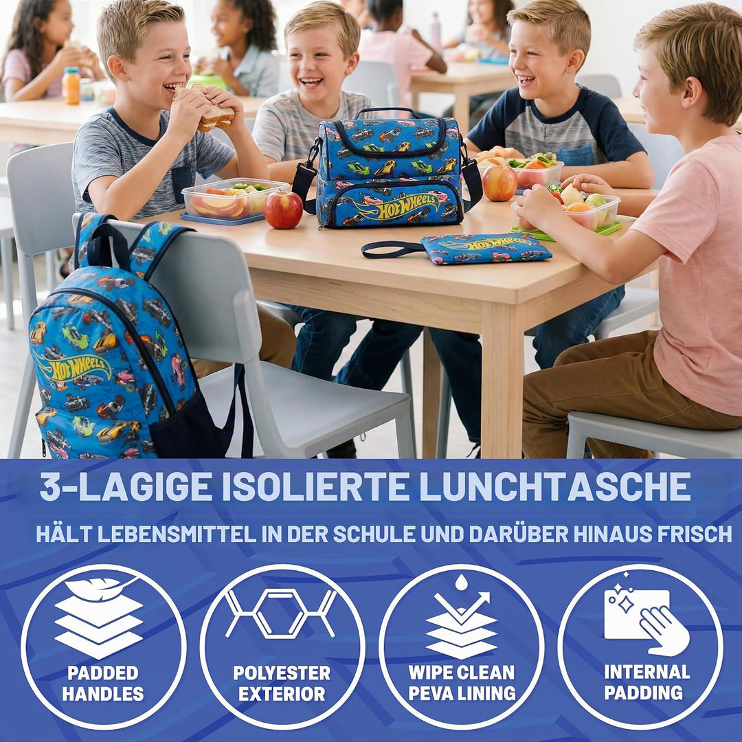 Get Trend Hot Wheels Rucksack Kinder 3er Set, Kinderrucksack mit Federmäppchen und Isolierte Lunchta