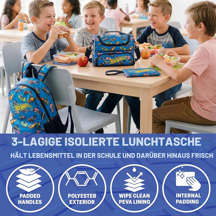 Get Trend Hot Wheels Rucksack Kinder 3er Set, Kinderrucksack mit Federmäppchen und Isolierte Lunchta