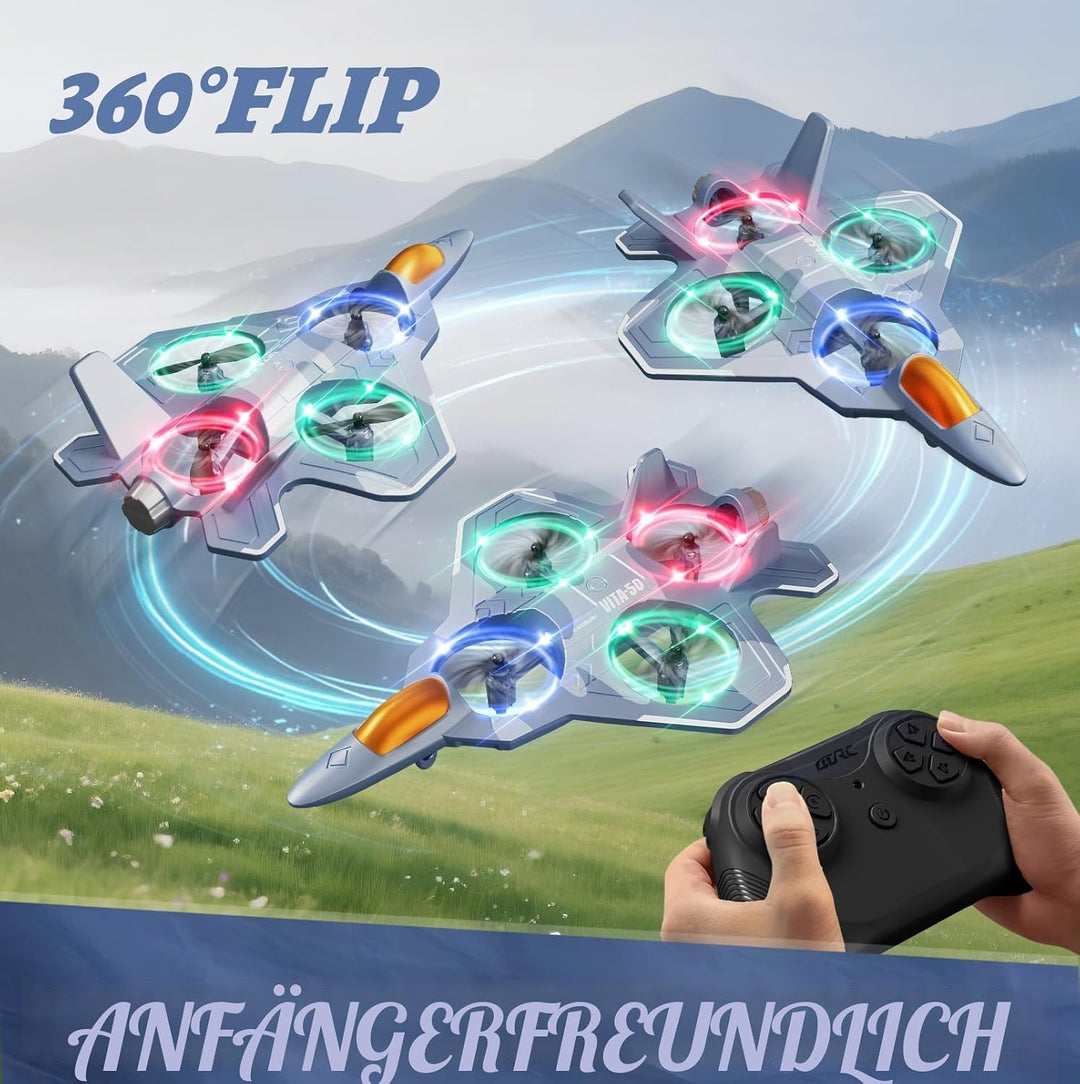 4DRC V50 RC Flugzeug,2 Startmodi, Lichter, 360° Flip, Headless-Modus, 3 Geschwind, 2 Batterien, 2,4