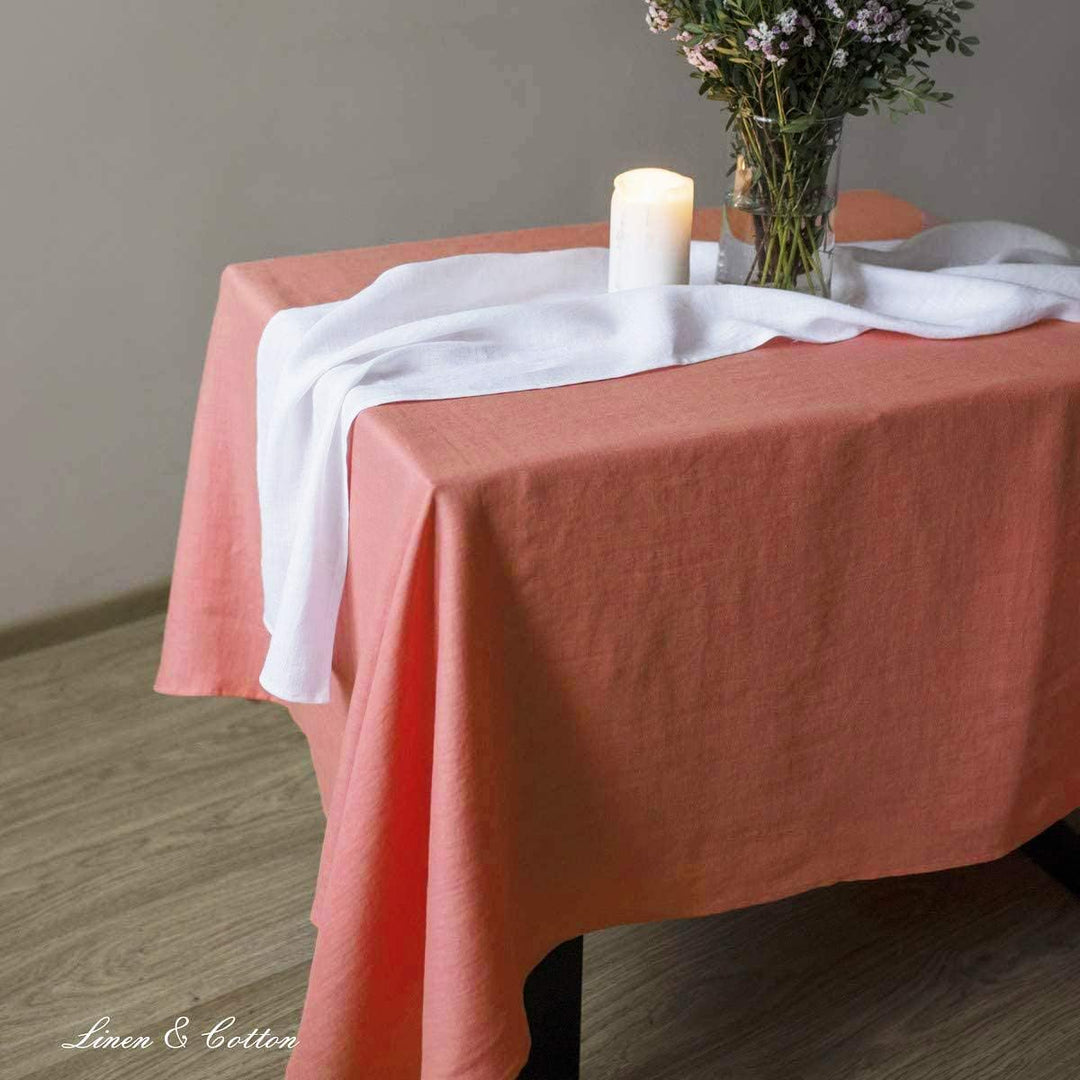 Linen & Cotton Tischdecke Stoff Tischtuch Tischwäsche Hygge -100% Leinen, Coral Rosa (140 x 220 cm)