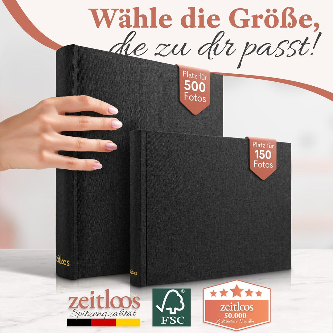 Fotoalbum zum Einkleben - Platz für 150 Fotos - echtes Leinen - Fotobuch 21 x 28 cm in Schwarz - 50