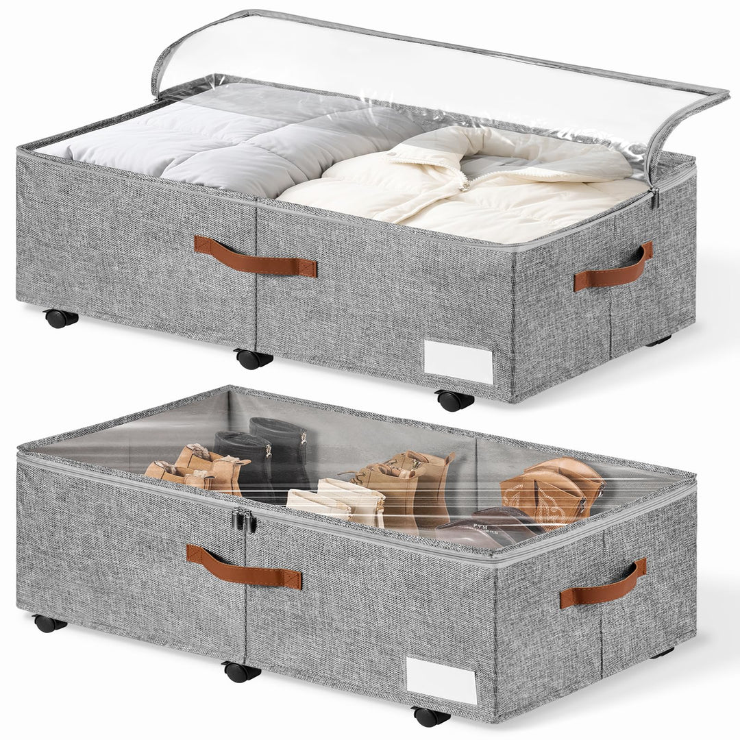 2er-Set Grosse Unterbett-Aufbewahrung mit Rädern, 60 Liter Volumen - 26,5 cm Höhe (10,5 Zoll) - Grau