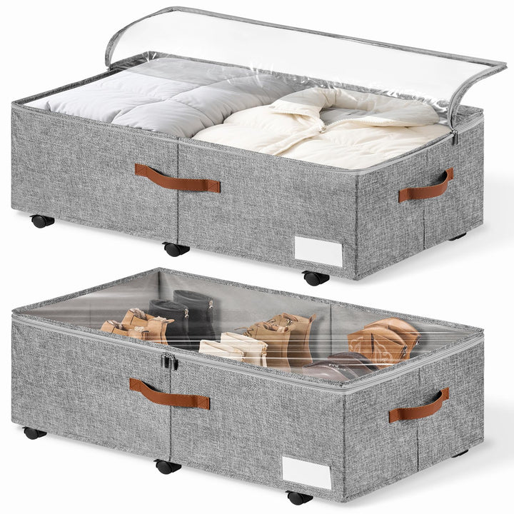 2er-Set Grosse Unterbett-Aufbewahrung mit Rädern, 60 Liter Volumen - 26,5 cm Höhe (10,5 Zoll) - Grau