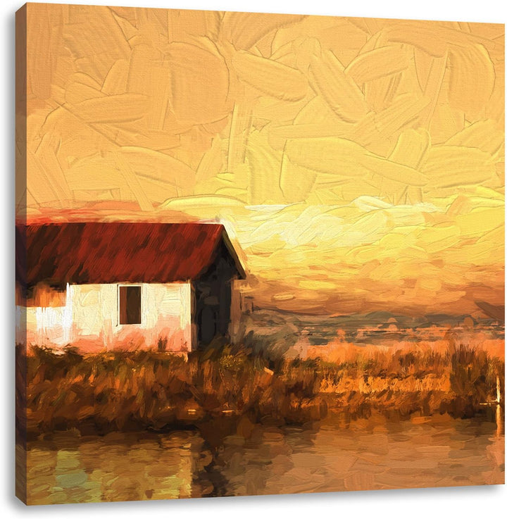 Pixxprint Haus am See bei Sonnenuntergang als Leinwandbild/Grösse: 70x70 cm/Wandbild/Kunstdruck/fert