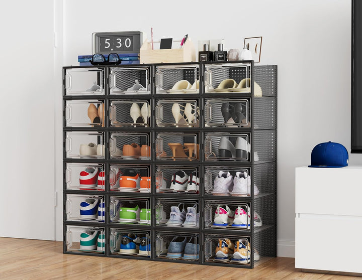 HOMIDEC Schuhboxen, 12er Set Schuhboxen Stapelbar Transparent, Faltbar Schuhorganizer Schuhaufbewahr