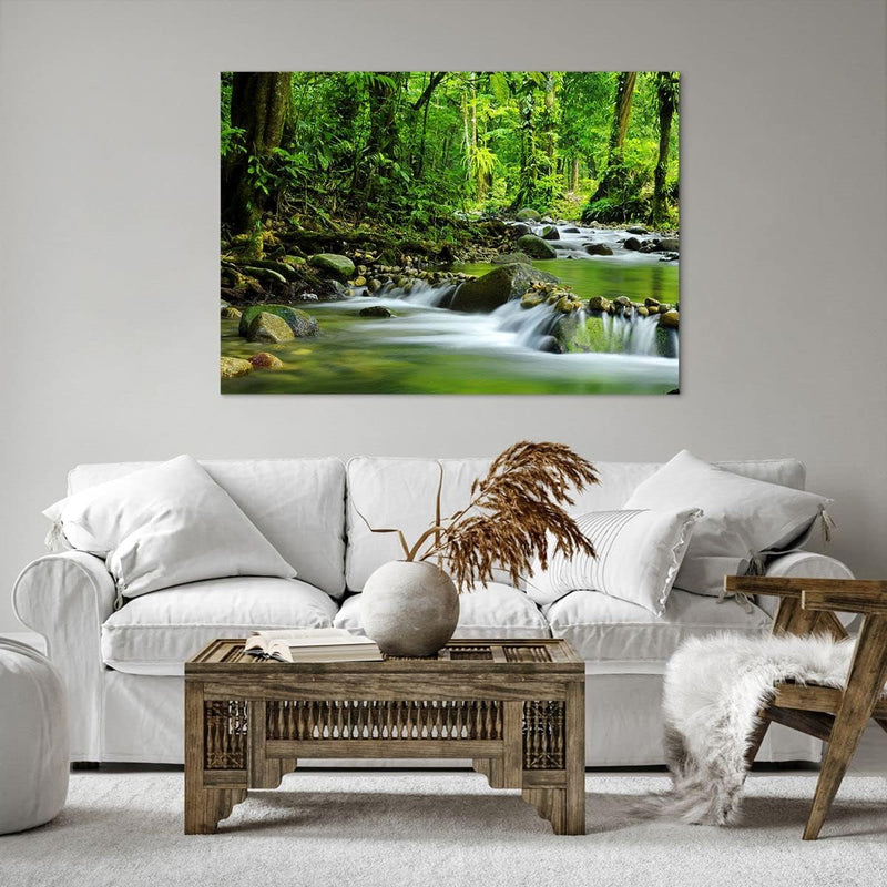 Bilder auf Leinwand 100x70cm Leinwandbild mit Rahmen Stream Wald Natur Gross Wanddeko Bild Schlafzim