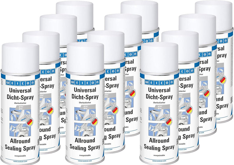 WEICON 12-11555400 grau Universal Dicht-Spray 12er-Set – 400 ml haftstarker Sprühkunststoff 12 Dosen