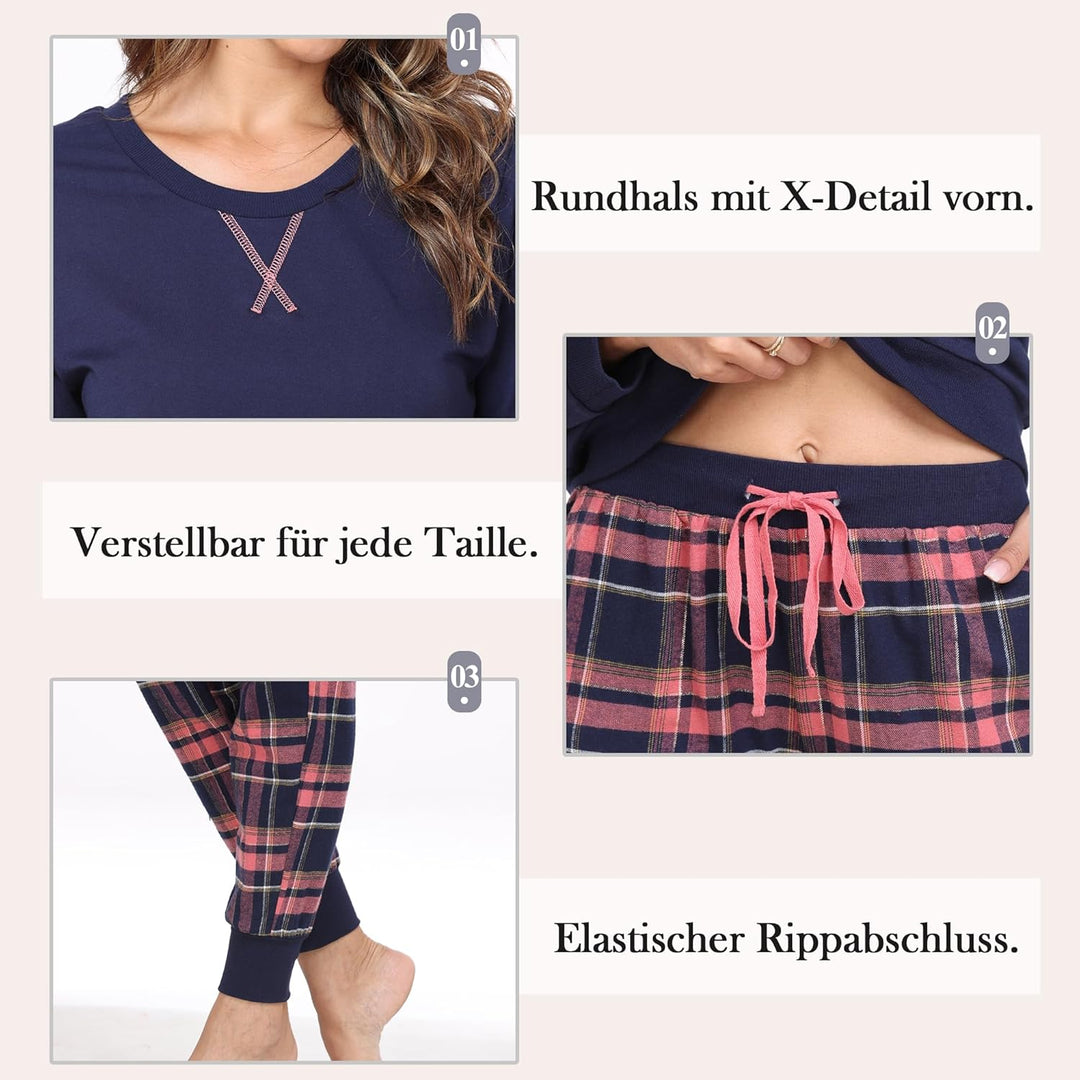 Mnemo Schlafanzug Damen 100% Baumwolle Bequemer Pyjama Damen Baumwolle mit Karomuster S Blaues Pulve