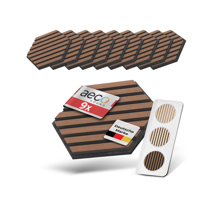 Akustikpaneele Holz selbstklebend – 9er-Set | Echtholz Walnuss & Akustikfilz Schwarz | Hexagon 30x26