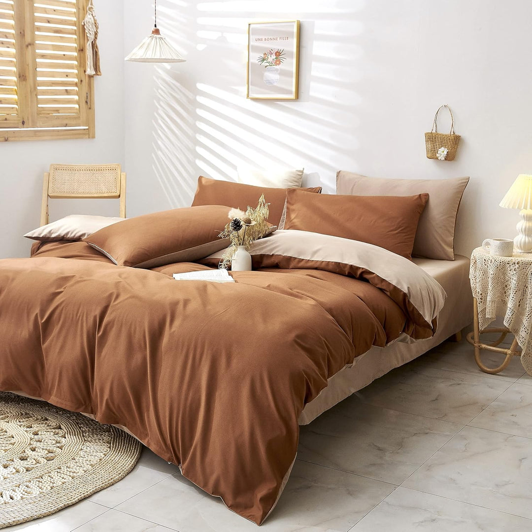 Damier Bettwäsche 155×220cm Karamell Braun Beige Uni Wendebettwäsche Set 2 Teilig Superweiches Micro
