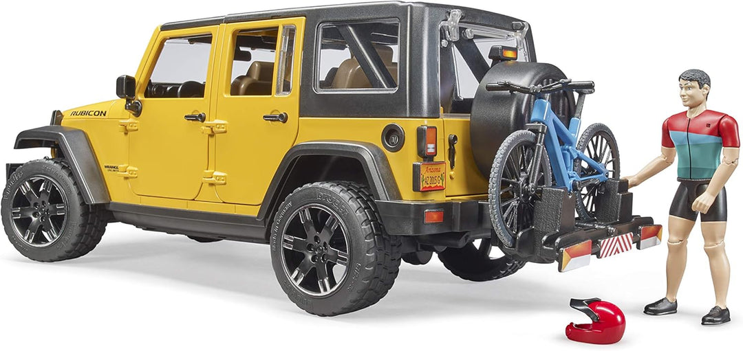 bruder 02543 - Jeep Wrangler Rubicon Unlimited mit Mountainbike & Radfahrer- 1:16 Geländewagen Fahrr