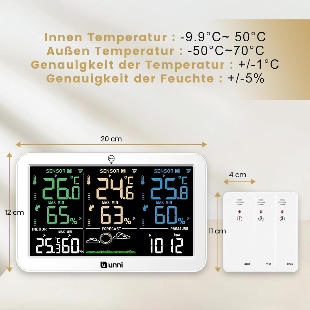 Funk Wetterstation mit 3 Aussensensoren USB und Batteriebetrieb, Funkwetterstation mit 100M Reichwei