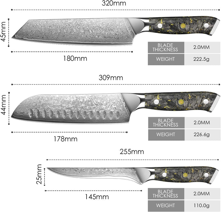 Home Safety Damast Santoku Messerset 3STK - Damast Küchenmesser Set mit 14.5-18 cm Klinge aus Kirits