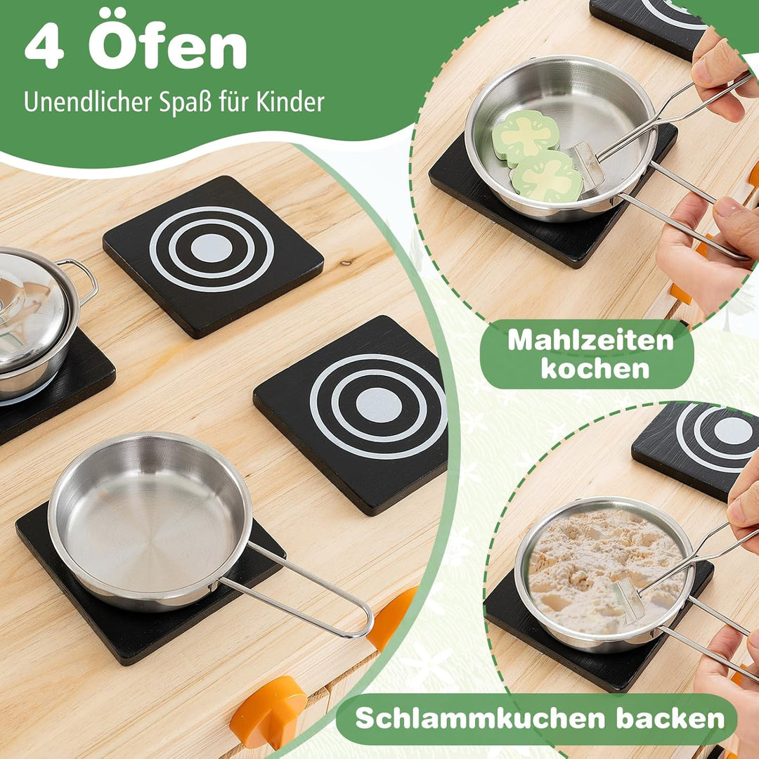 COSTWAY Matschküche Kinder Outdoor, Kinderküche Tannenholz mit Überdachung & Abnehmbarer Spüle & 4 K