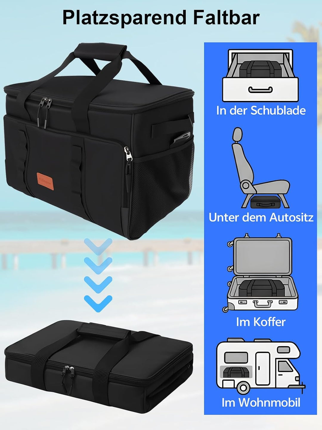 Kühltasche Gross 33L – Faltbare Isoliertasche für 50 Dosen, 8-12 Std. Kühlung, Wasserdicht & Auslauf