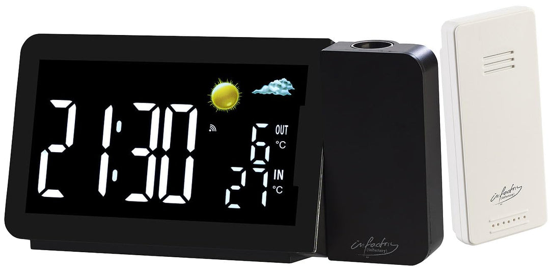 infactory Uhr Projektor: Funk-Wetterstation mit Projektionswecker, Aussensensor, USB, schwarz (Duala