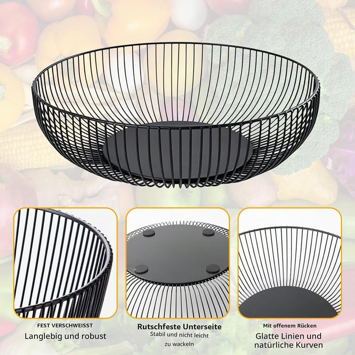 2 Stück Obstschale Metall Schwarz 27.5x8 cm, Seicht Obstkorb aus Metall Abgerundetes Design Durchbro