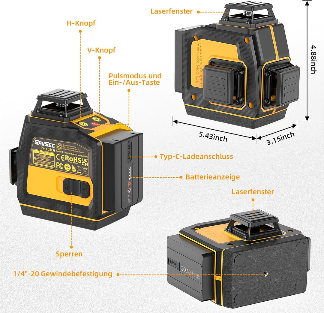 Kreuzlinienlaser Grün 12 Linien, SAVSEC 3x 360° Selbstnivellierend Laser Wasserwaage bis zu 37 Stund