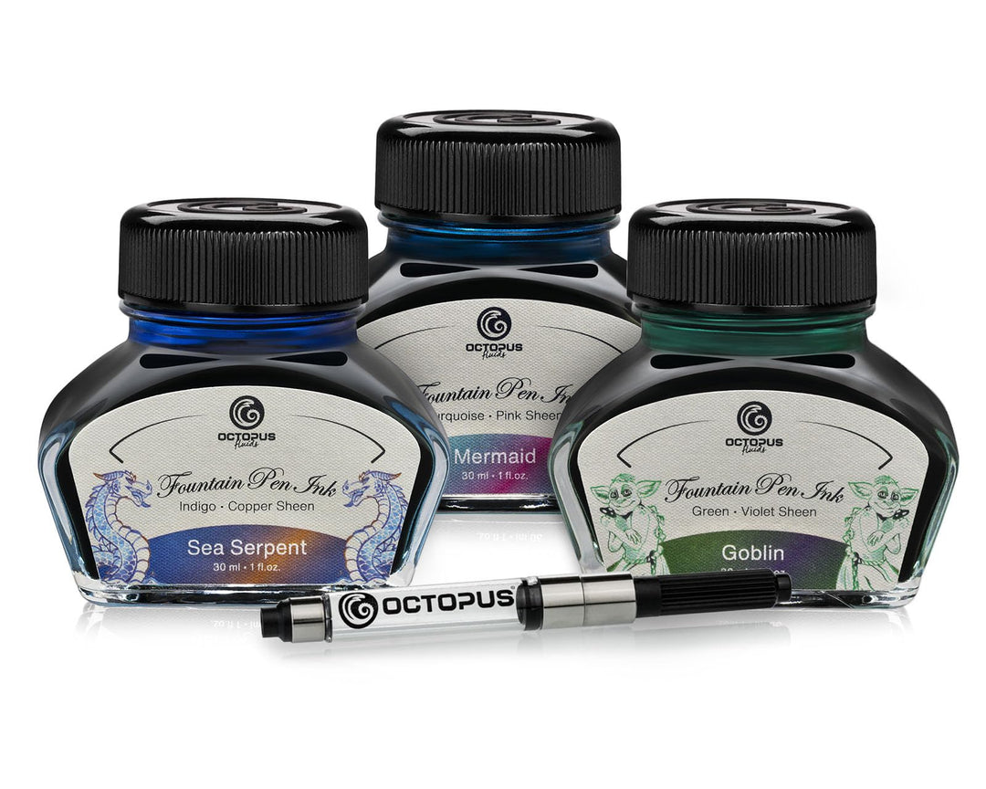 Octopus Fluids 3 x 30 ml Füllhaltertinte Sheen mit Konverter, Set FANTASY, FANTASY