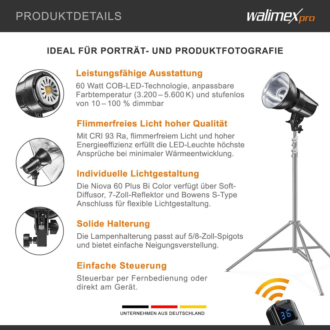 Walimex pro Niova 60 Plus Bi Color dimmbare LED Videoleuchte mit Bowens-Reflektor &amp; Soft Diffusor I