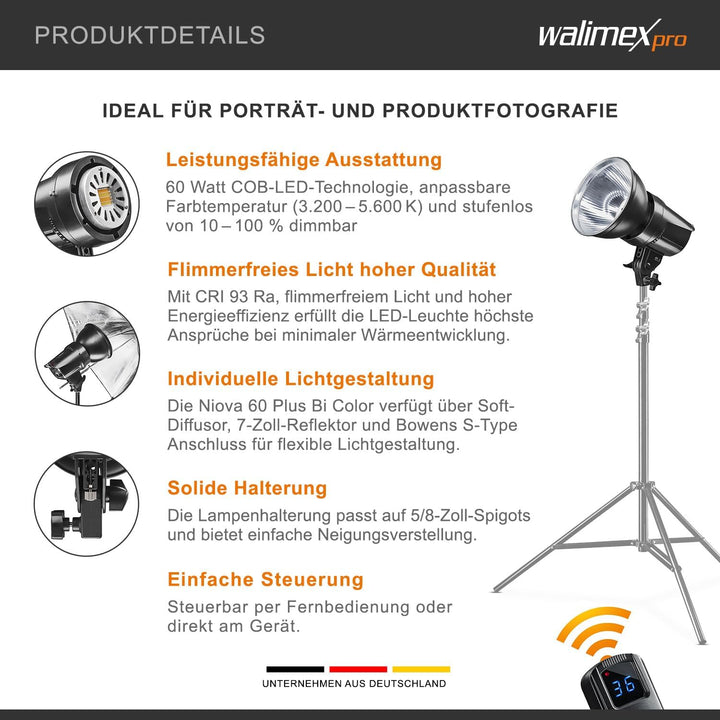 Walimex pro Niova 60 Plus Bi Color dimmbare LED Videoleuchte mit Bowens-Reflektor &amp; Soft Diffusor I