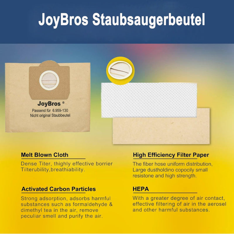 JoyBros 15-Stück Staubbeutel für Kärcher wd3 wd 3 wd3P wd3.200 Premium 6.959-130.0 6.904-051.0 MV3 A