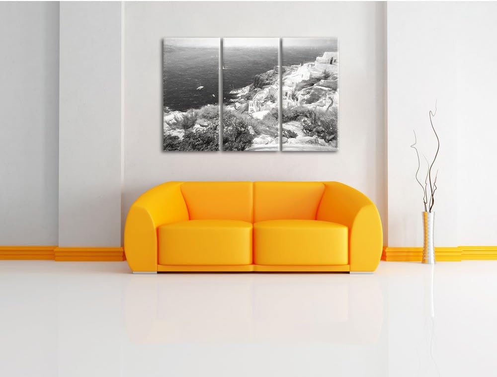 Pixxprint Griechische Küste Kohle Zeichnung Effekt 3-Teiler Leinwandbild 120x80 Bild auf Leinwand