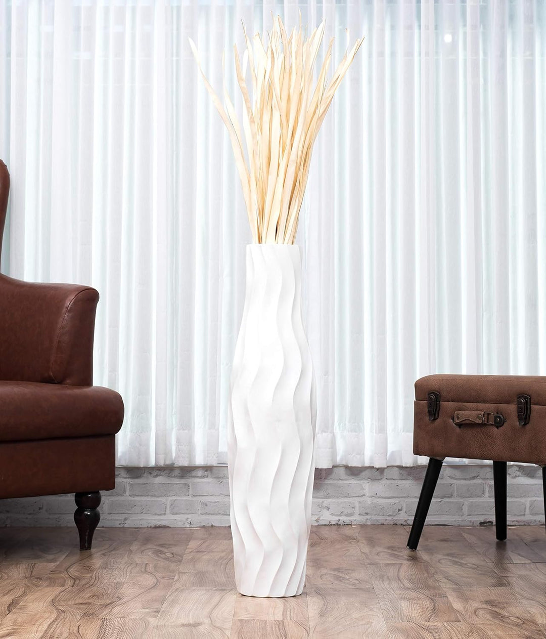 Leewadee Grosse Bodenvase für Dekozweige hohe Standvase Design Holzvase, Holz, 70 cm, Weiss 70 cm We