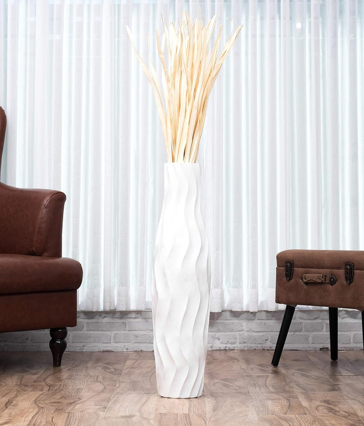 Leewadee Grosse Bodenvase für Dekozweige hohe Standvase Design Holzvase, Holz, 70 cm, Weiss 70 cm We