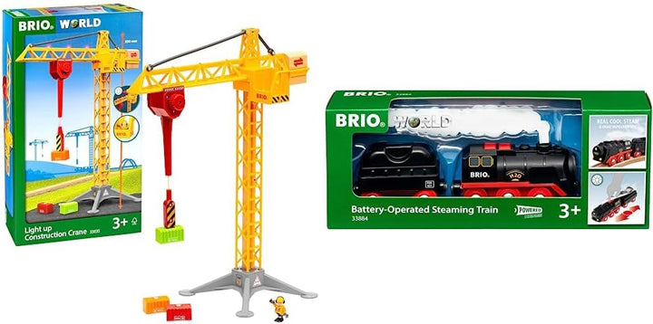 BRIO World 33835 Grosser Baukran mit Licht & World 33884 Batterie-Dampflok mit Wassertank - Lokomoti