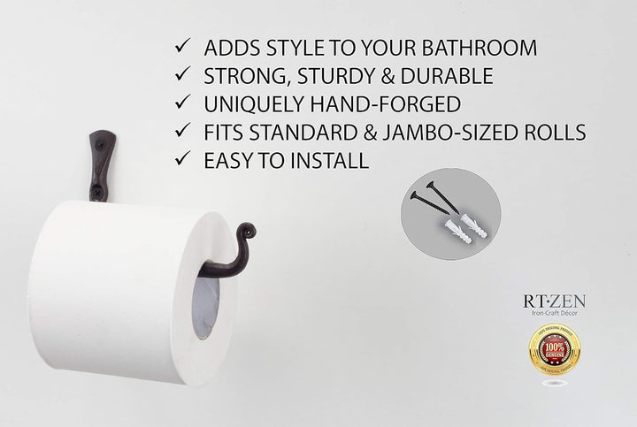 RTZEN Straight Decorative Toilet Paper Holder | Decorative Wrought Iron Handmade Black TP Roll Hange