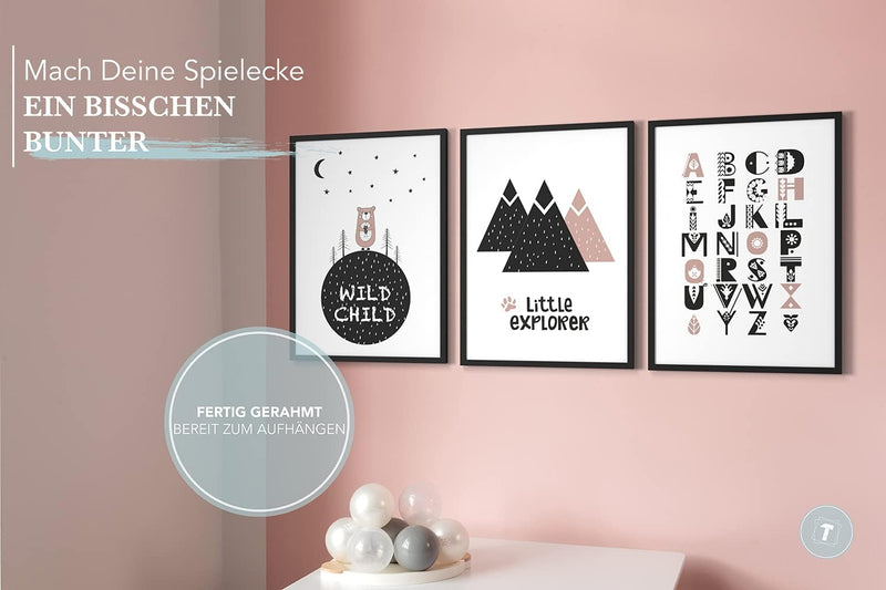 Papierschmiede® Kinderbilder 3er Set, A4 gerahmt in Holzrahmen (schwarz), Geschenk für Jungen & Mädc