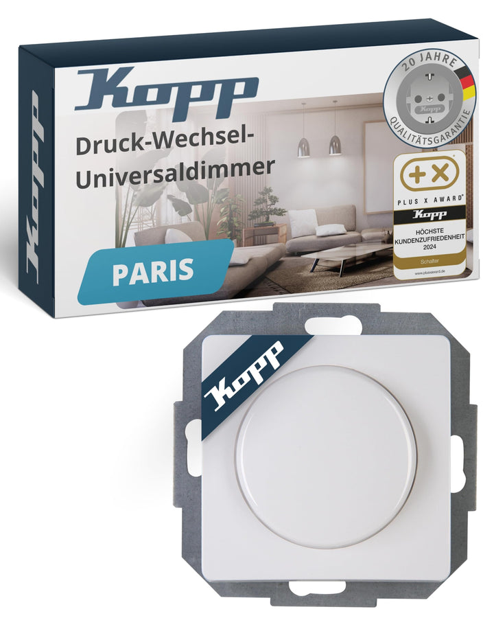 Kopp Paris Universal-Dimmer mit Druck-Wechsel-Schalter für LED, Phasenan- und Phasenabschnitt, LED 3