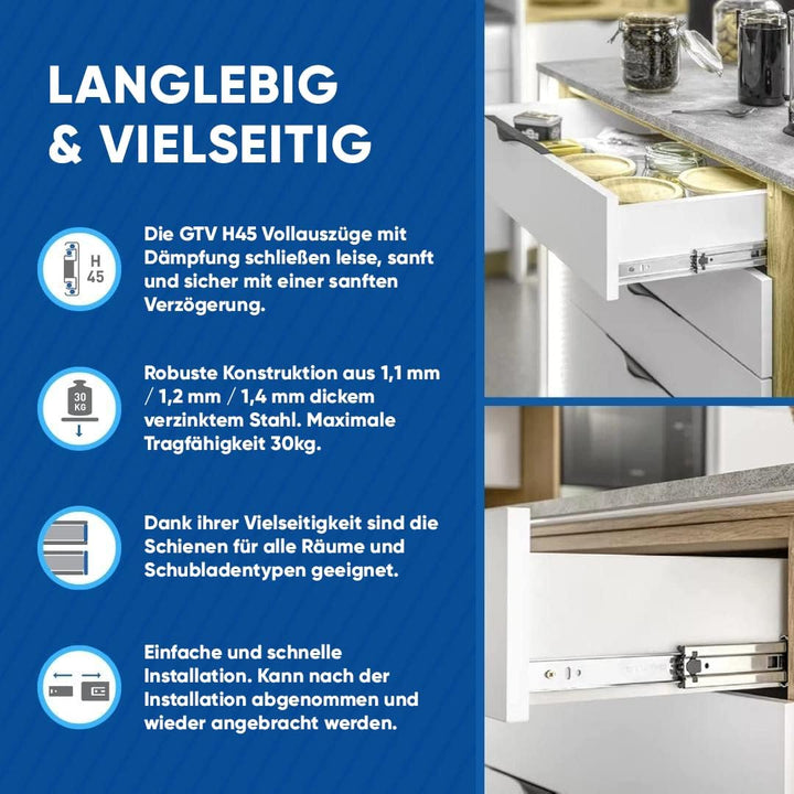 GTV H45 Schubladenschienen - 45.3 x 500 mm - Starken Verzinkt Stahl - Soft-Close Schienensystem - Te