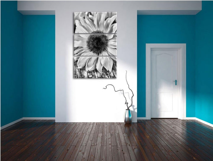 Pixxprint Sonnenblumen auf Holztisch als Leinwandbild/Grösse: 3 Teilig (120x80) cm/Wandbild/Kunstdru