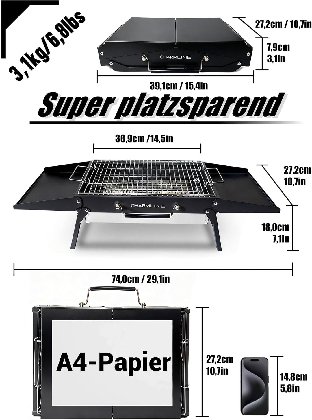 Charmline 39x27cm Foldable Portable Holzkohlegrill, Kleiner Campinggrill Holzkohle, Picknickgrill Gr