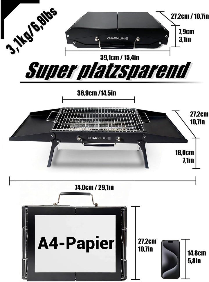 Charmline 39x27cm Foldable Portable Holzkohlegrill, Kleiner Campinggrill Holzkohle, Picknickgrill Gr