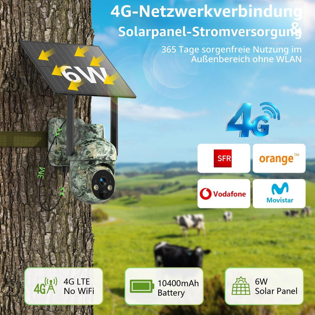 Lemnoi 4G LTE Solar Wildkamera mit SIM Karte Vorinstalliert, Akku Wildkamera mit Bewegungsmelder, 2K
