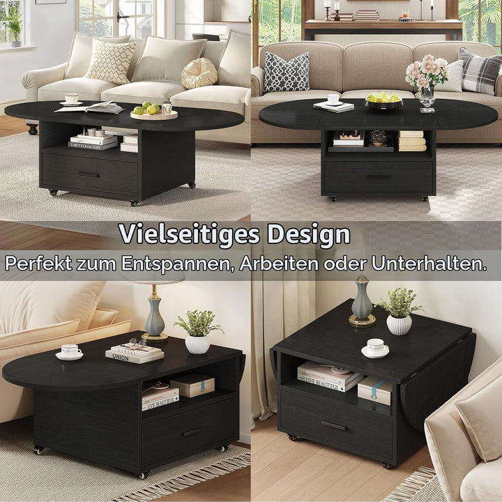 IBF Klappbarer Couchtisch mit Stauraum Holz Oval Wohnzimmer Tisch mit Schublade Modern Ausziehbarer