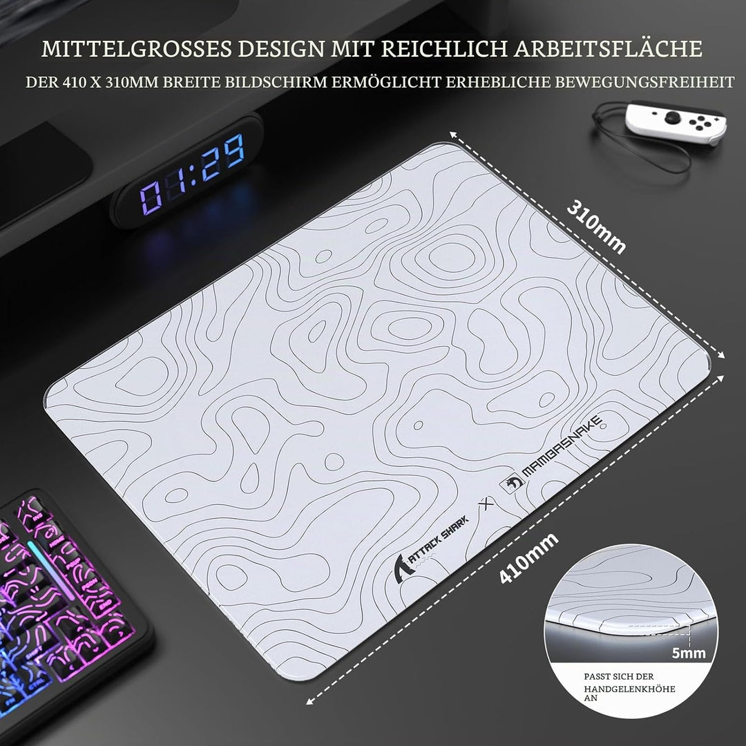 ATTACK SHARK CM05SE Gaming-Mauspad Aus Gehärtetem Glas, Ultraglatte Oberfläche, 9H Gehärtetes Glas,