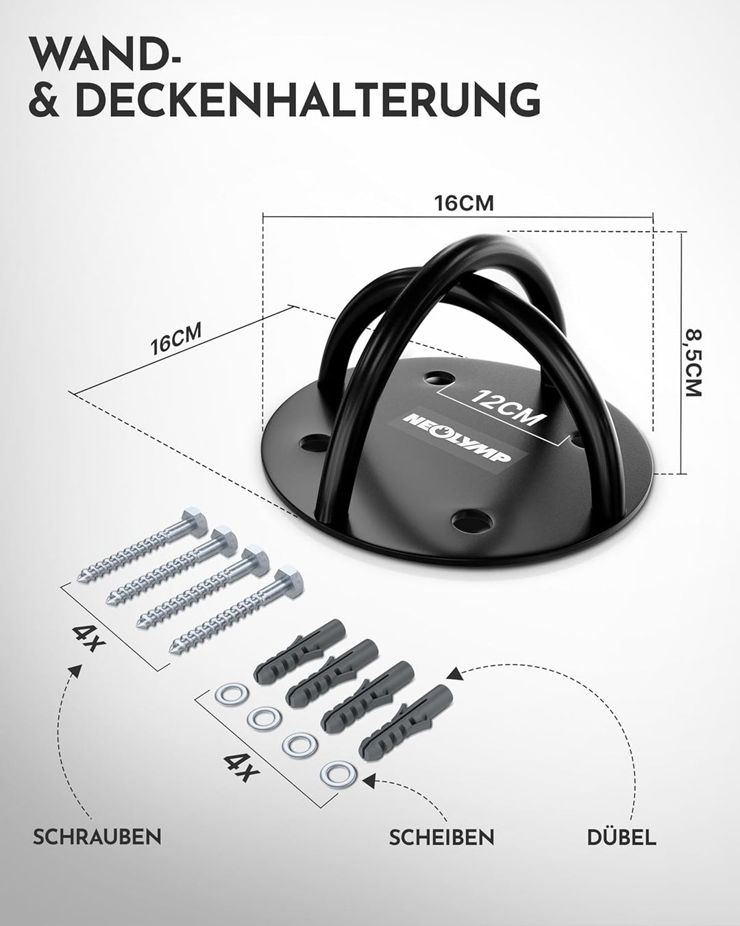 NEOLYMP Edelstahl Wandanker für Fitnessbänder bis 300kg - Wandhalterung, Deckenhaken Schwerlast, Fit