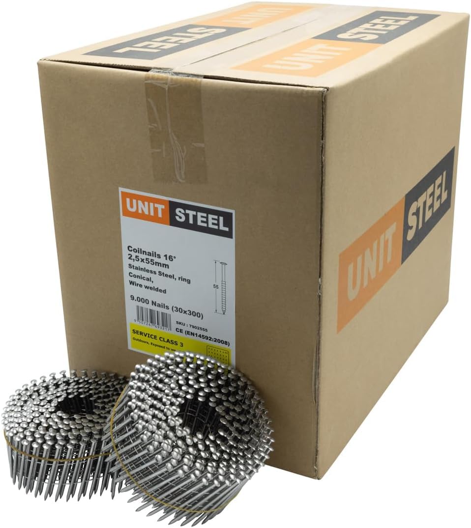 Coilnägel - 2,5x55mm, 9.000 Stück, Ringnägel für Druckluft-Nagler, Ring/Rostfrei Stahl/Linsenkopf, f