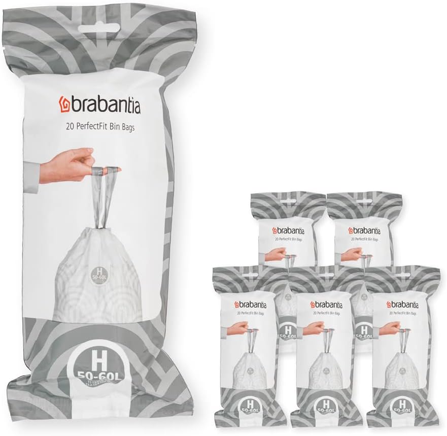 Brabantia Müllbeutel PerfectFit Multipack (Code H - 50l / 60L) Extra Starke Müllsäcke mit Zugband, 6