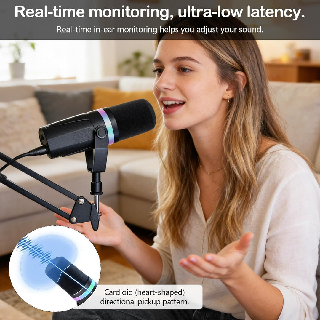 Dual-Interface Mikrofon, mit RGB-Atmungslicht und Echtzeit-Monitoring, 192 kHz/24 Bit, XLR/USB Dynam