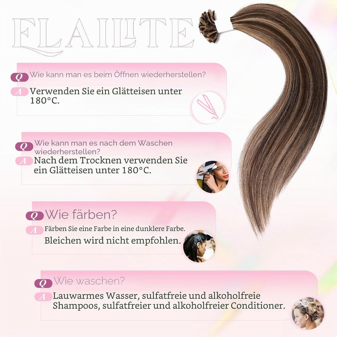Elailite Echthaar Bonding Extensions Balayage Mittelbraun + Honigblond 25 Strähnen 25g Haarverlänger