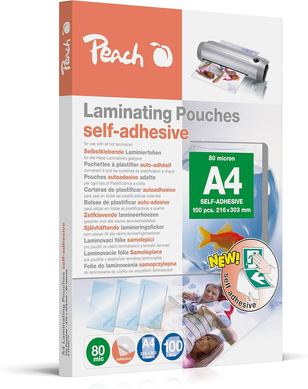Peach Laminierfolien A4 - 80 mic - 100 pouches - selbstklebende Rückseite - geeignet für selfmade Bi