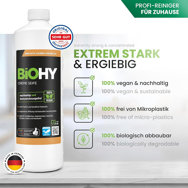 BiOHY Creme Seife (12 x 1 Liter) + Pumpspender | Hautschonende, rückfettende & geruchsneutrale Hands
